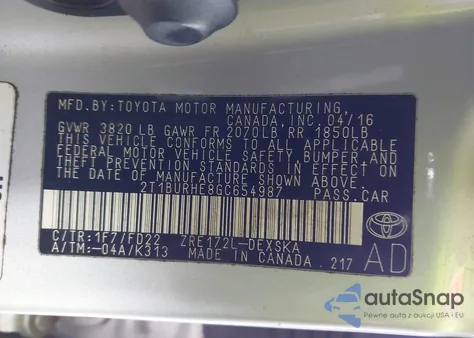 2016 Toyota Corolla S Plus from USA, damaged, VIN 2T1BURHE8GC654987